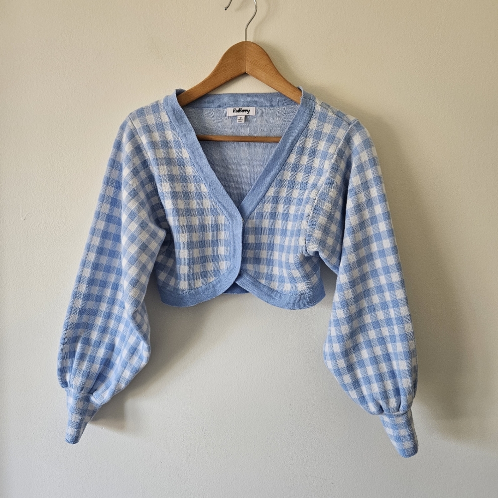 Gingham puff sleeved blue and white sweater